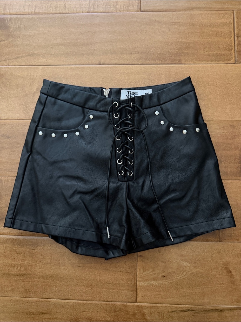 Tiger Mist Black Lace-Up Faux Leather High-Waist Shorts
